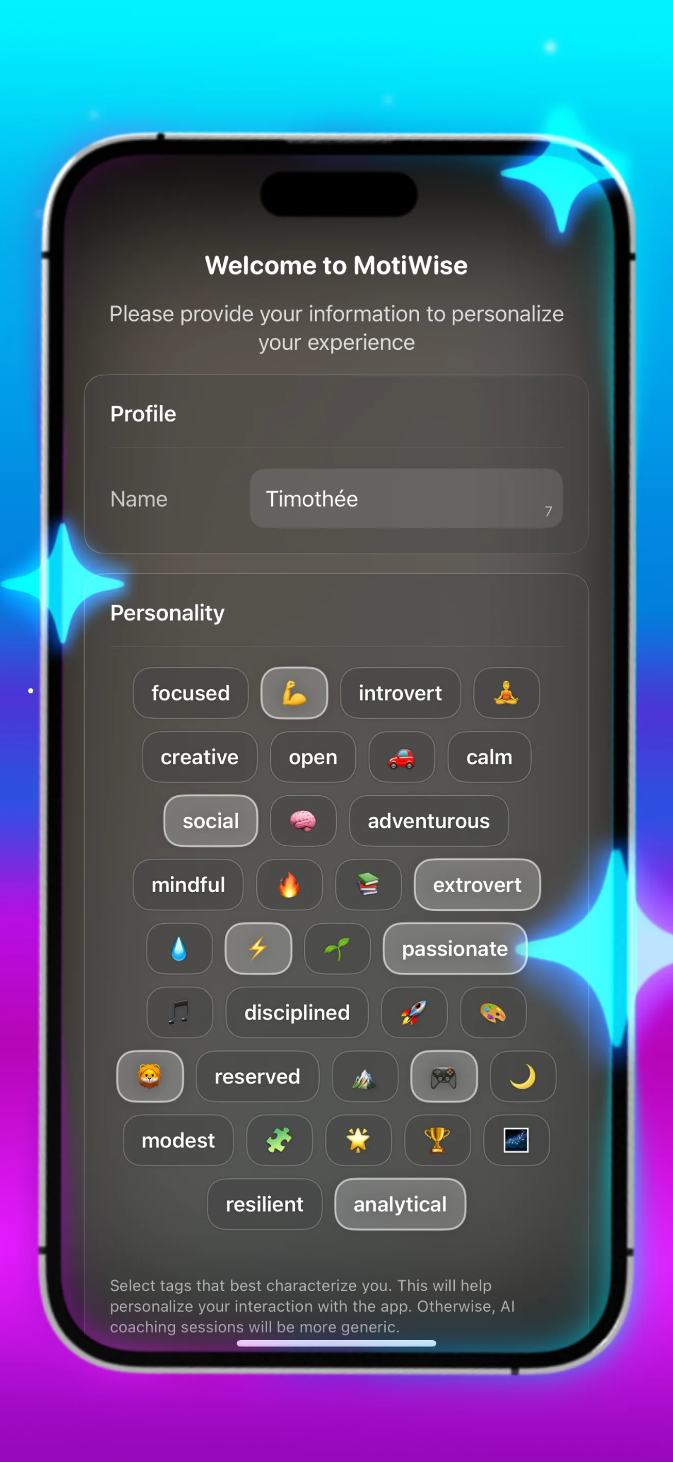 Онбординг MotiWise — выбор личностных тегов: сосредоточенный, креативный, осознанный, стойкий